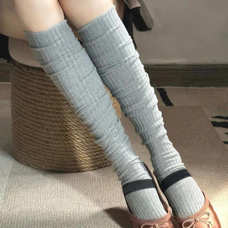 Spring Knee Length Stockings for Women White Pile Socks Fashion GIrls JK Slimming Boots Sock Japanese Calf Socks Cotton Footwear