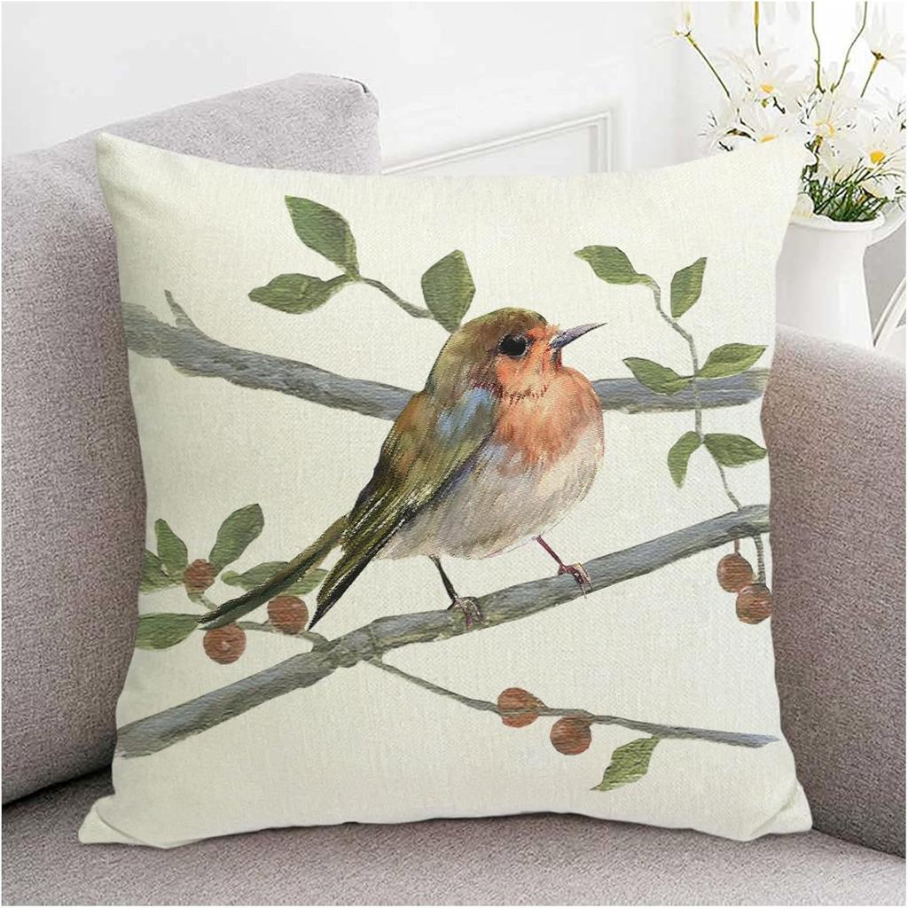 Farmhouse Summer Pillow Covers 18x18 Inch Bird Decorative Outdoor Square Linen Pillowcase Cushion Case for Sofa Couch