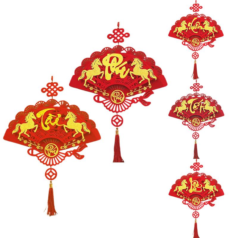 1PC Lunar New Year Luck Red Blessing Hangable Decor Vietnamese Good Fortune Fan Ornament Vietnamese Letters Tassels