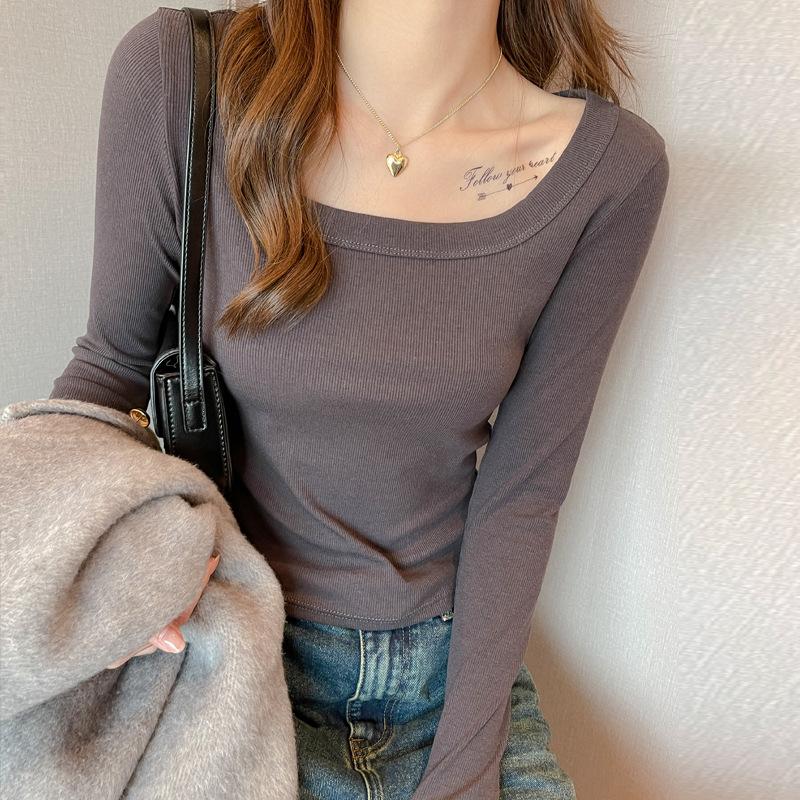 Threaded Square Collar Spring And Autumn Can Be Worn Outside The Top And Inside The Women's High-end Modal Slim Long-sleeved