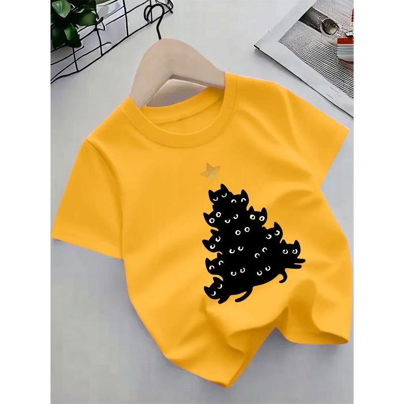 European sizes New Spring And Summer Round Neck T-Shirt for Children Featuring a Christmas Cat Pattern, Casual Korean Style,