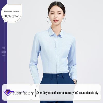 Damen Langarm Professional Hemd Blau Gestreift Bügelfrei Reine Baumwolle