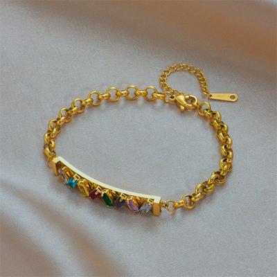 Gold Plated Rainbow CZ Bar Chain Bracelet, Dainty Colorful Cubic Zirconia Link Bracelet, Fashion Jewelry for Women Gift