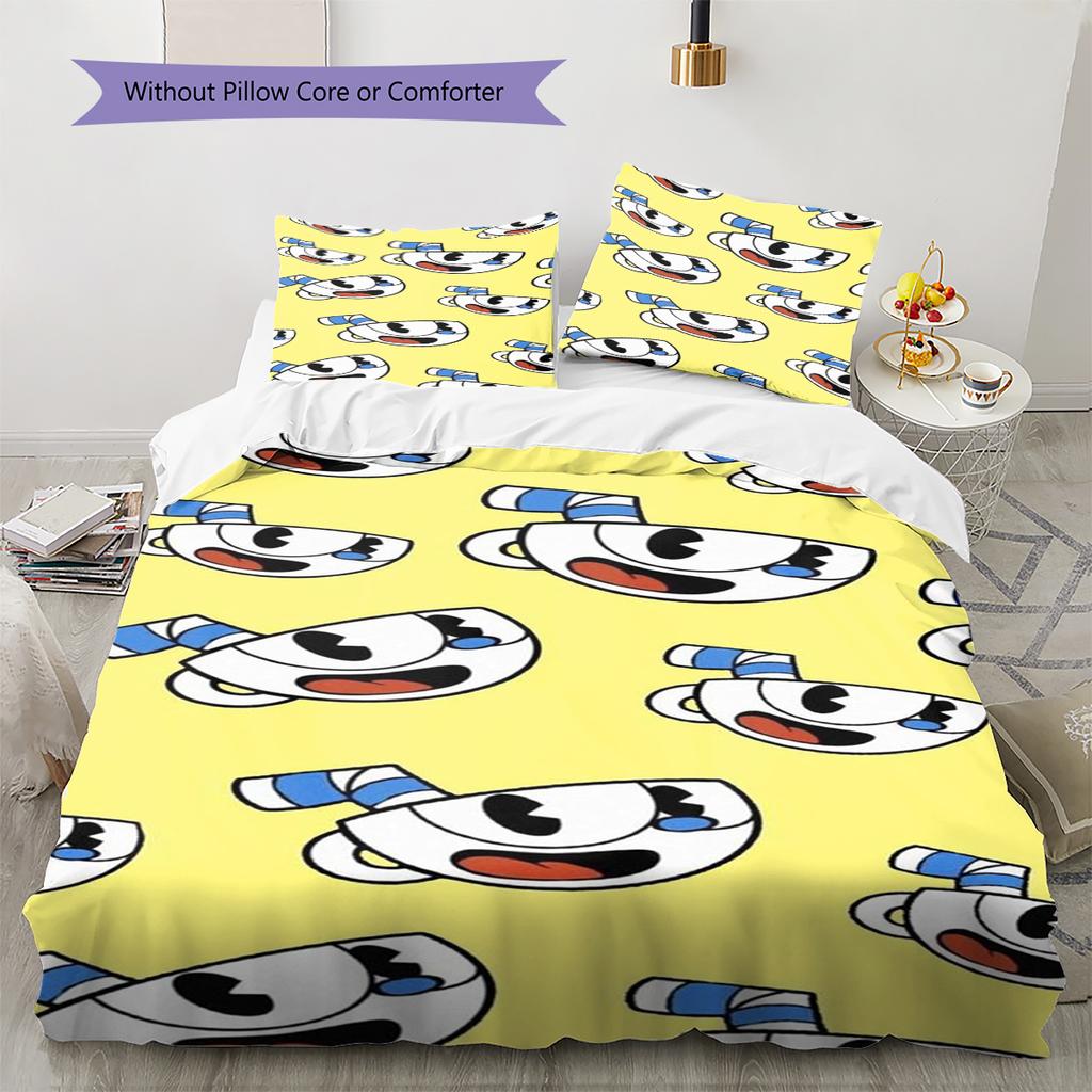 Cuphead Cute Cartoon Pattern Bedding,Quilt Set Quilt Cover Pillowcase Home Birthday Gift (1 * Duvet Cover + 2 * Pillowcase, Without Core)