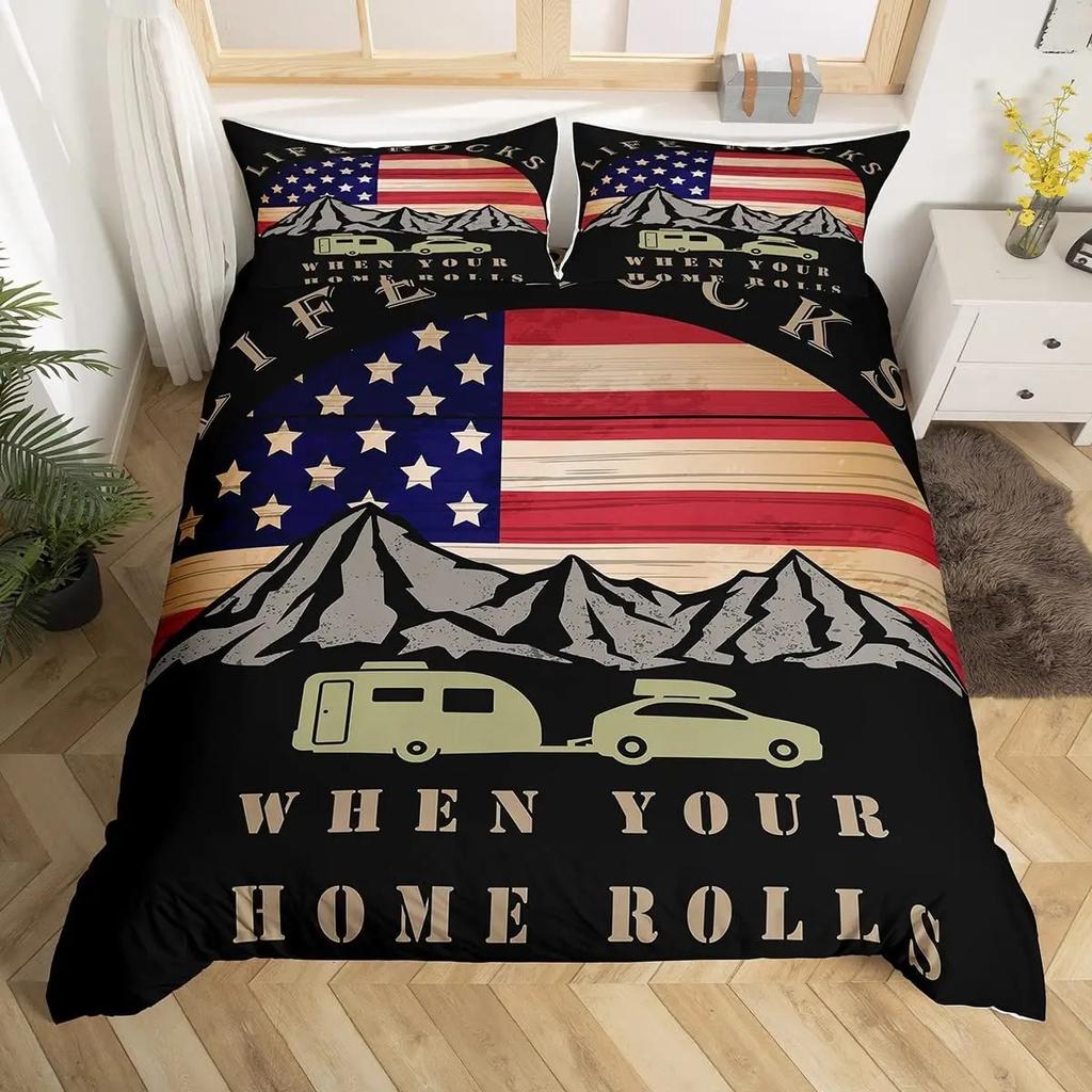 Hapy Camping Soft Duvet Cover Rustic Farmhouse Camper RV Beding Set King Stary Night Warm Comforter Cover Adventure Theme Comfortable Quilt Cover