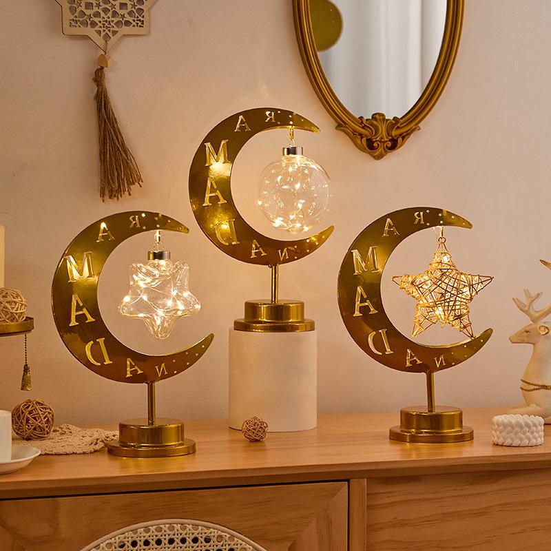 Middle Eastern Festival Moon and Star LED Decorative Rattan Ornament Lamp for Bedroom
