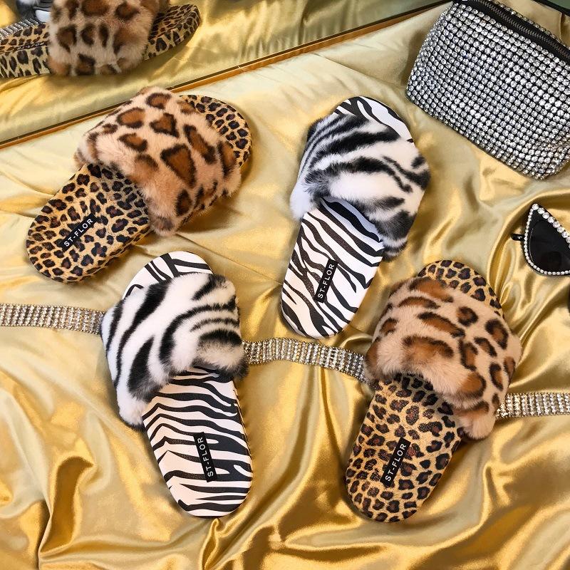 leopard fur slide sandals