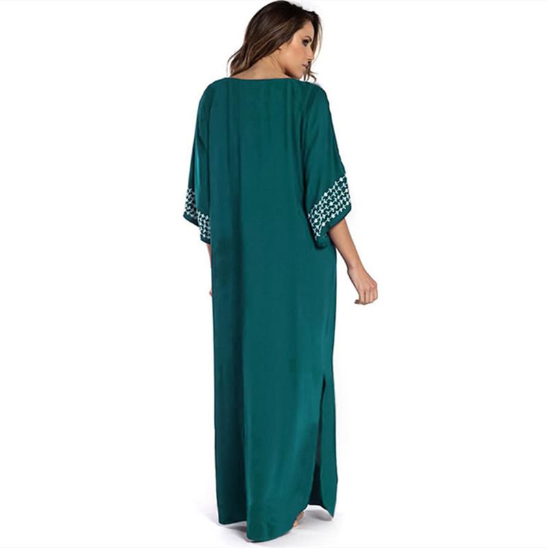 Embroidery Kaftan Beach Tunic Cotton Beach Cover Up Saida De Praia Swimsuit Women Bikini Cover Up