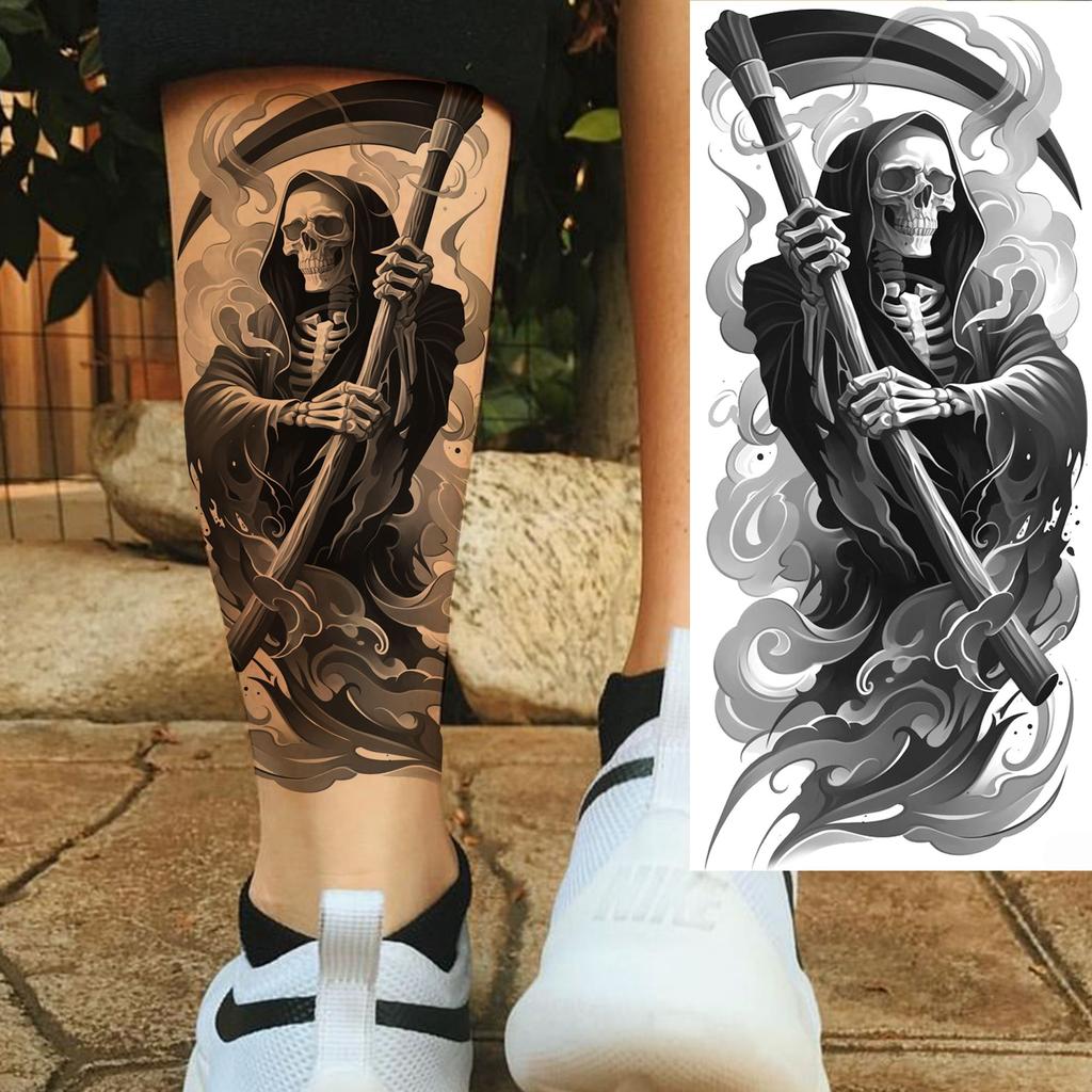 1 Blatt Gruseliger Sensenmann Totenkopf Temporäre Tattoos Halloween Tattoos Langlebig Wasserdicht Tiger Wolf Bestie Fake Tattoo Aufkleber