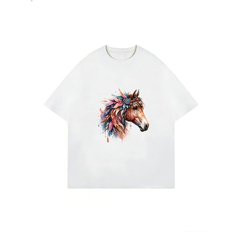 Oversized T Shirt Dress Black Horse Head With Floral Pattern Casual Wear