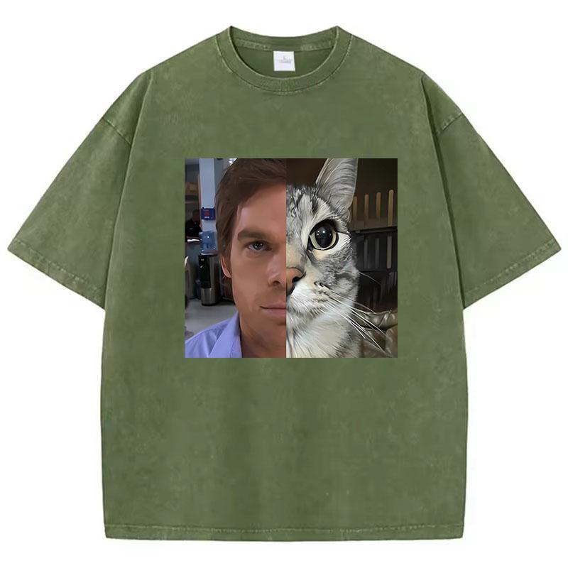Fashion T Shirt Vintage Washed Cotton T-Shirt Movie Cat Graphic Tee Casual Streetwear Spring Summer Clothing