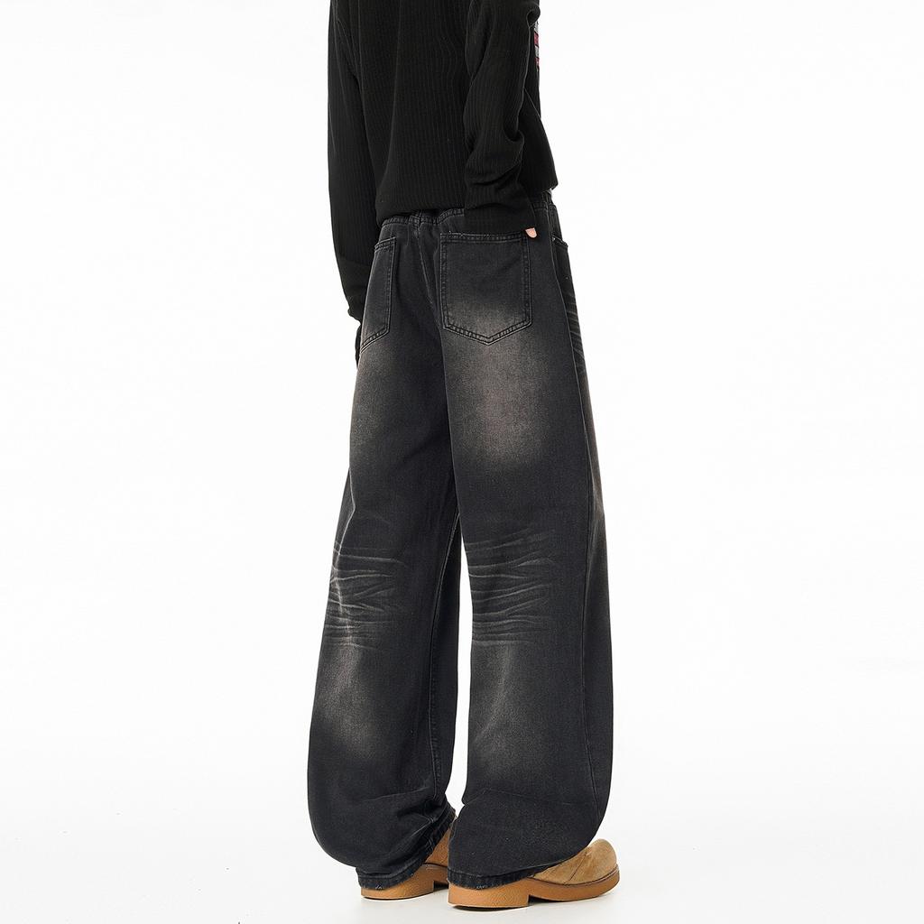 Men's jeans autumn old washed light blue pleated wide legs loose drape American retro trendy trousers