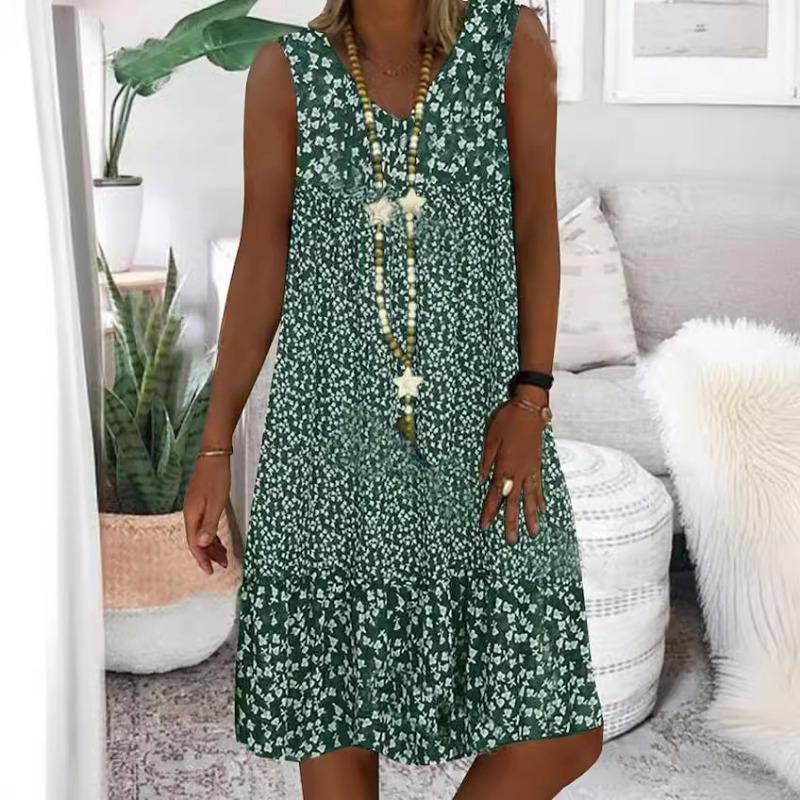 Summer Women's V-neck Sleeveless Dress with Small Floral Prints