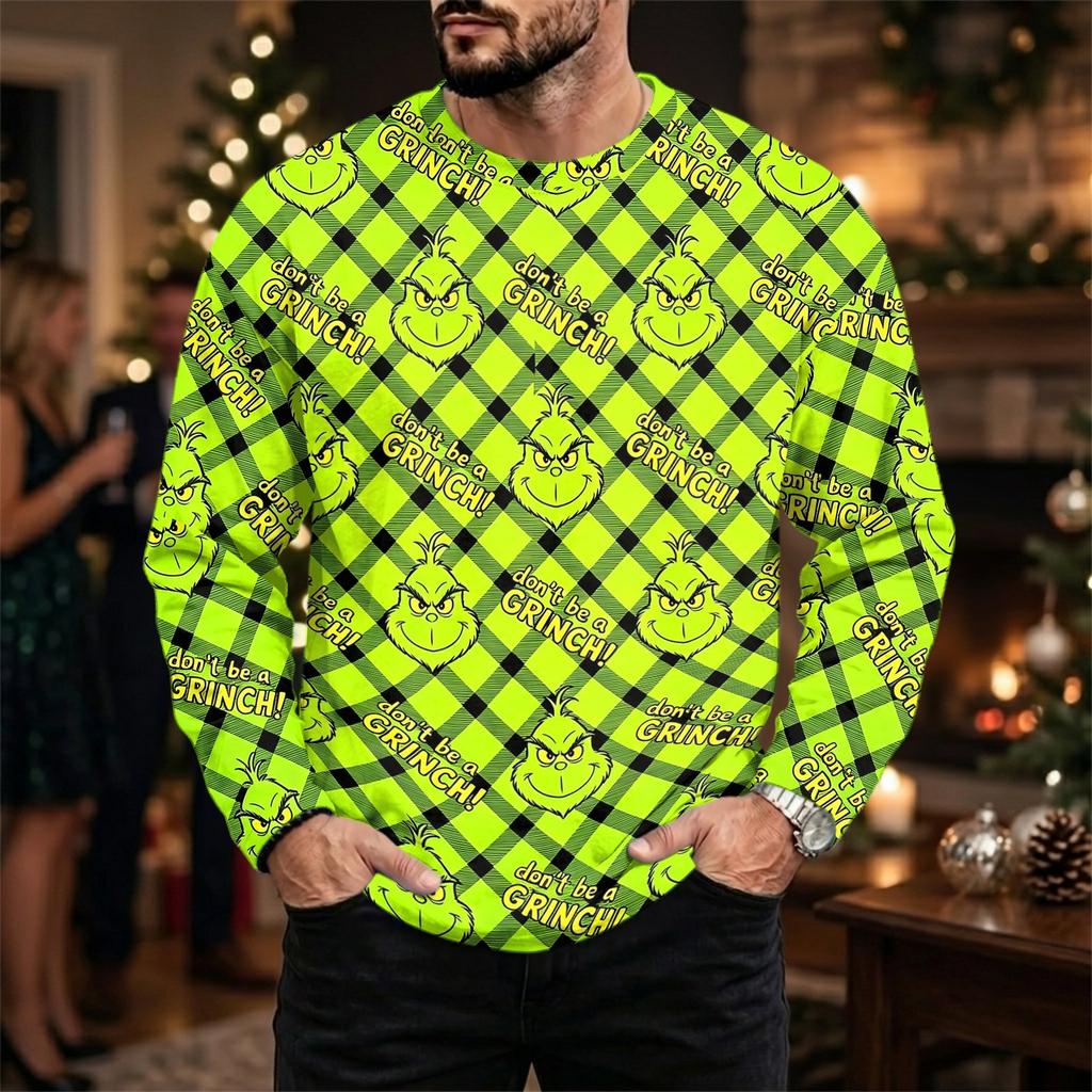 Men's Casual Loose Fit Long Sleeve Neck Tee with Christmas Print for Fall Winter