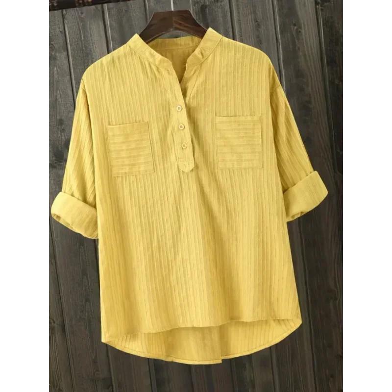 Plus Size Shirts Women's Cotton Tops Mujer Office Long Sleeve New Korean Loose Casual Vertical V-neck Shirts Top Blusas De Mujer