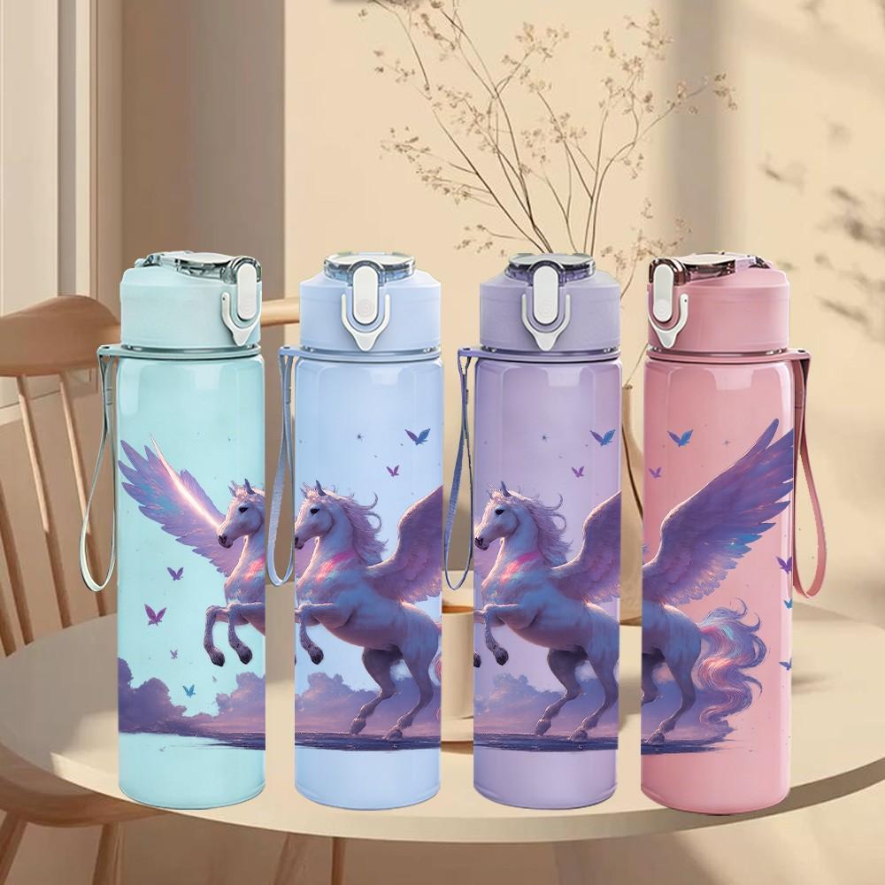 1PC Purple Pegasus Flying Fantasy Print 750ml Color Plastic Sports Water Bottle Leakproof Flip Straw Lid Suitable for Sports Office Home Use