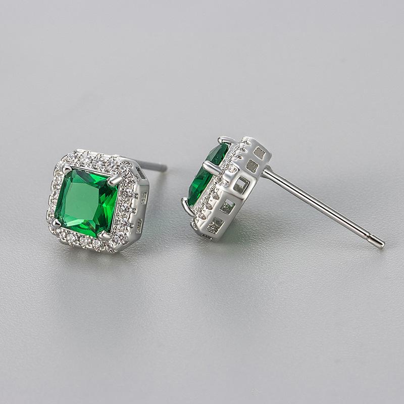 Classic Luxury Shining Zircon Square Color Imitation Gemstone Stud Earrings for Women Trendy Exquisite Stainless Steel Jewelry