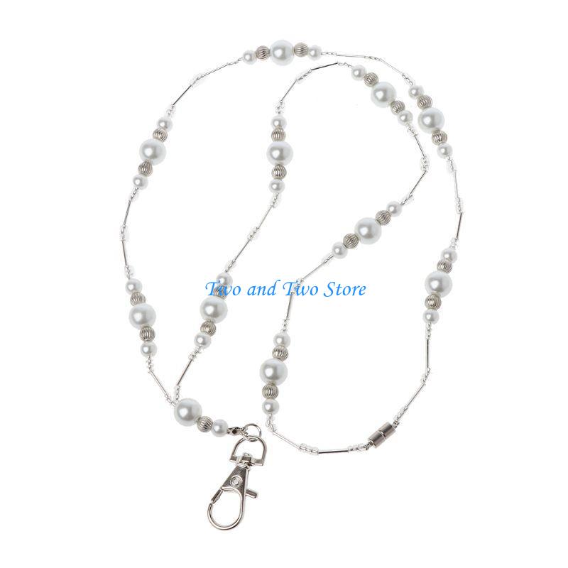 HX6F Lightweight White Pearls Bead Chain Lanyard Necklace Badge Holder Hollow Beads Necklace Fashion Jewelry Decor