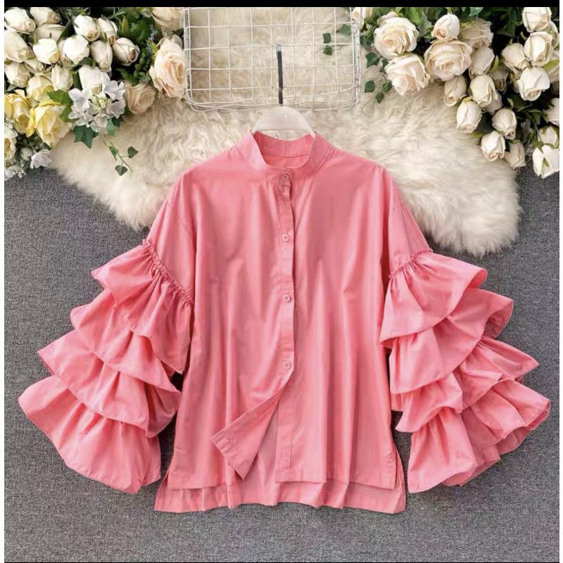Stylish Shirt Women's Multi-layer Ruffle Edge Horn Sleeve Loose Versatile Small Stand-up Collar