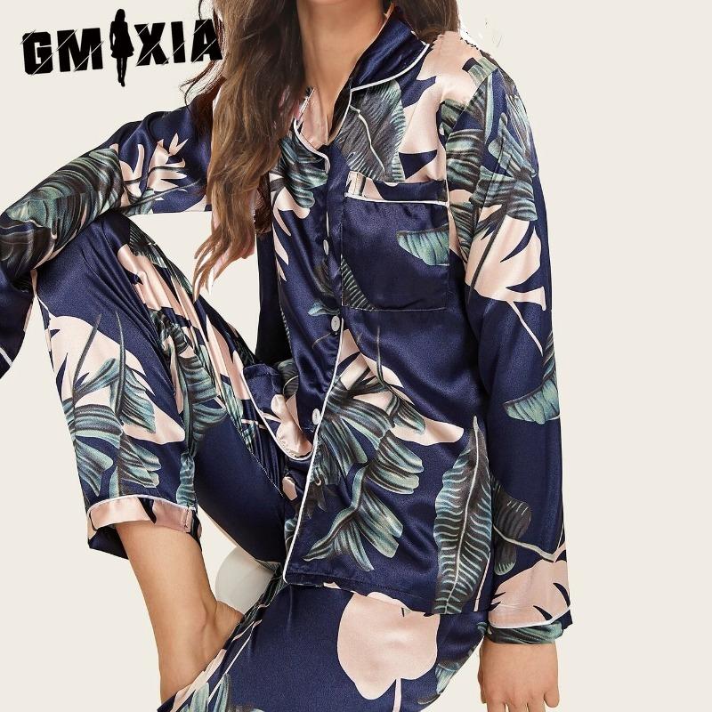 GMXIA Dames todelt loungewear-pysjamas i stretchsateng