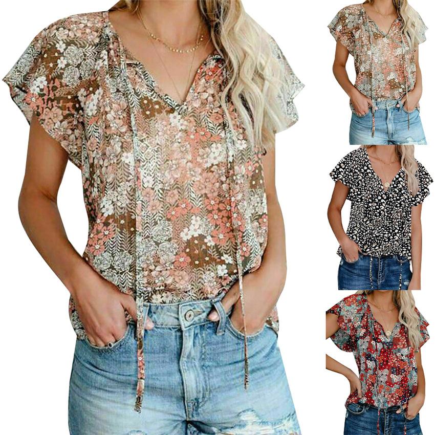 

V Шея Женщины Цветочная принтовая блузка Повседневная Женская Летняя Свободная Топы Повседневные Ретро Рубашки
