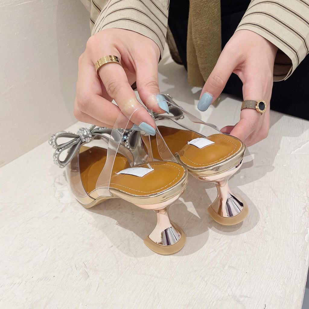 Eilyken Άνοιξη κρυστάλλινα παγιέτες φιόγκος ασημένια γυναικεία γόβες χαμηλά ψηλά τακούνια PVC διαφανή σανδάλια πάρτι γάμου χορού παπούτσια