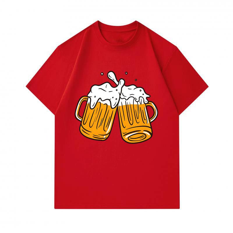 Men's 100% Cotton Crew Neck Short Sleeve T-Shirt, Funny Clinking Beer Mugs With Foam Print Casual Breathable Lightweight Summer Tee For Daily Party Dr