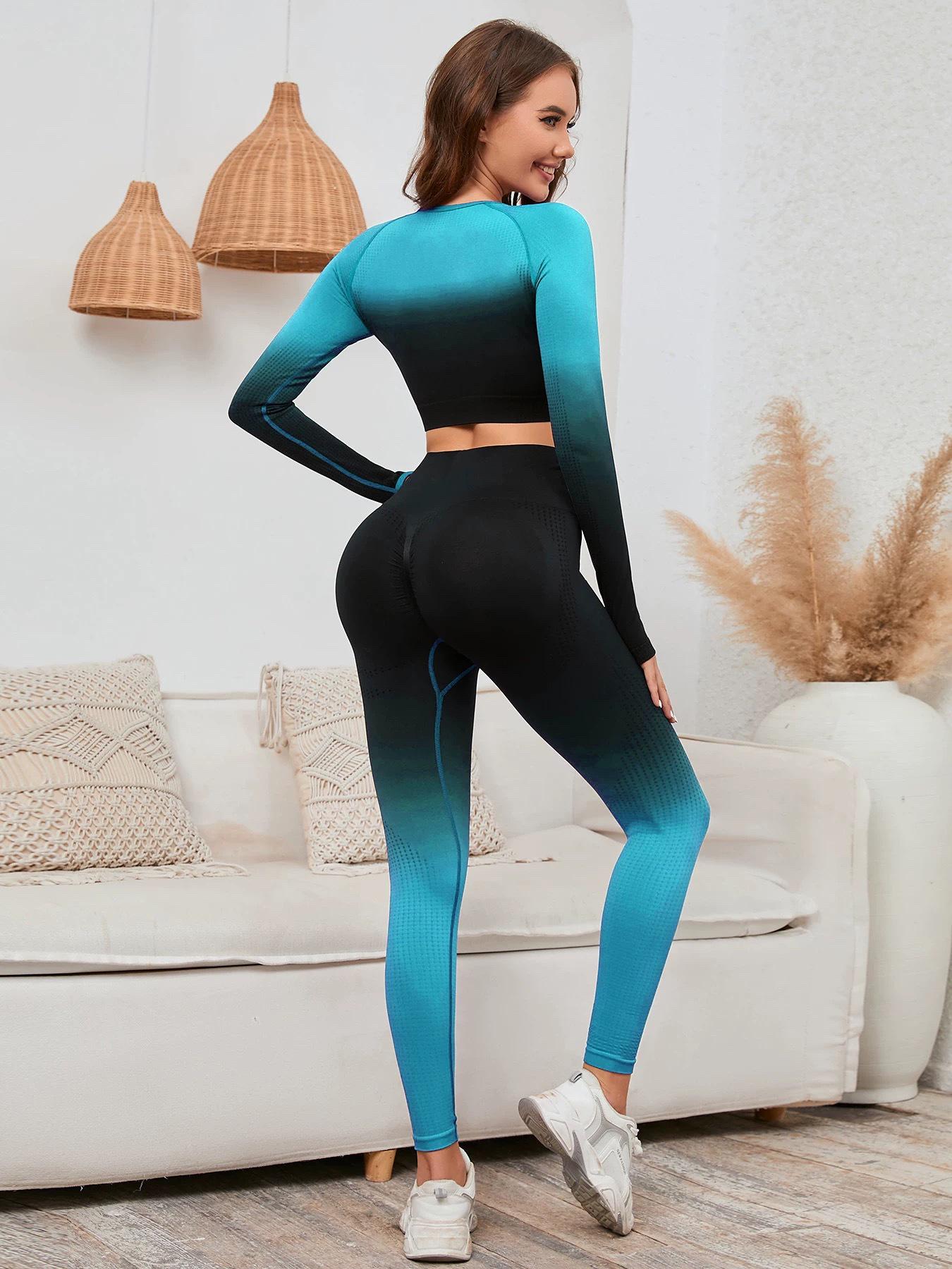 

«Европейско-американский градиентный бесшовный комплект для йоги на осень/зиму»: Обтягивающий спортивный топ и персиковые леггинсы M