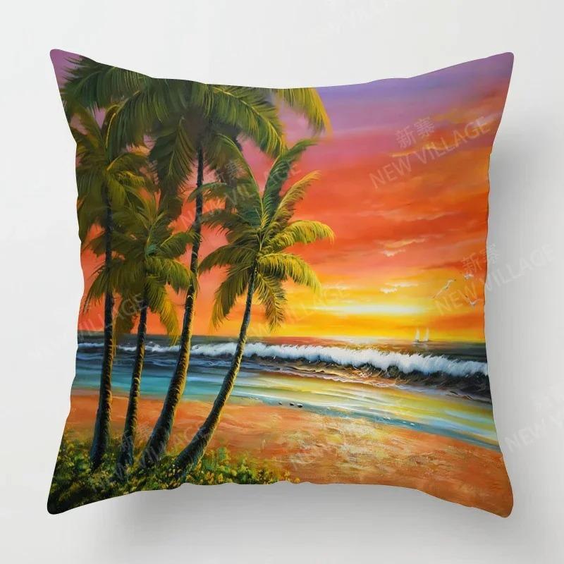 Sunset & Palm Tree Beach Pattern Double-Sided Printed Pillow Cover Short Plush Suitable Living Rooms Sofas Throw Cushion Cover