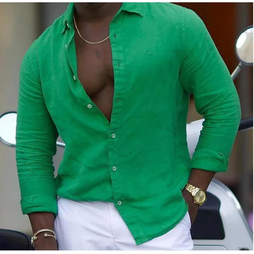 New Cotton-linen Blend Men's Long-sleeved Shirt Solid-colour Casual Collared Shirt