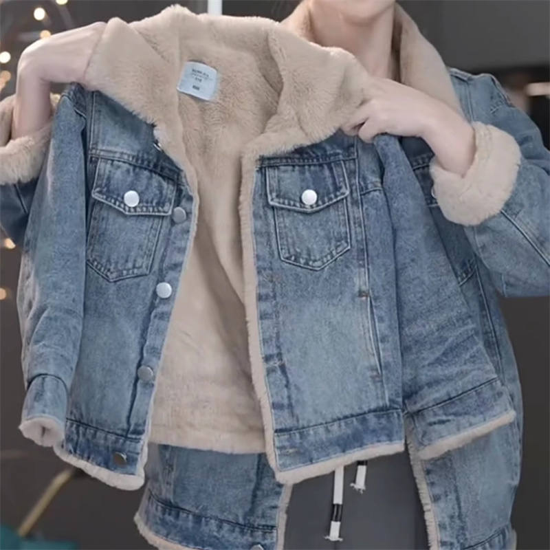 

Girls Autumn Loose Fleece Denim Jacket, Single Breasted Winter Thick Top 160