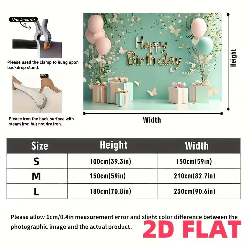 2D Mint Green Happy Birthday Backdrop with Pink Balloons & Floral Photography Background