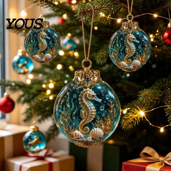 Urlaubsgeschenke für Meeresliebhaber, Thematische Weihnachtskugel-Ornamente, Leuchtende Klare Kugeln mit Quallen Schildkröte Oktopus, Detaillierte Retro-Schnitzereien