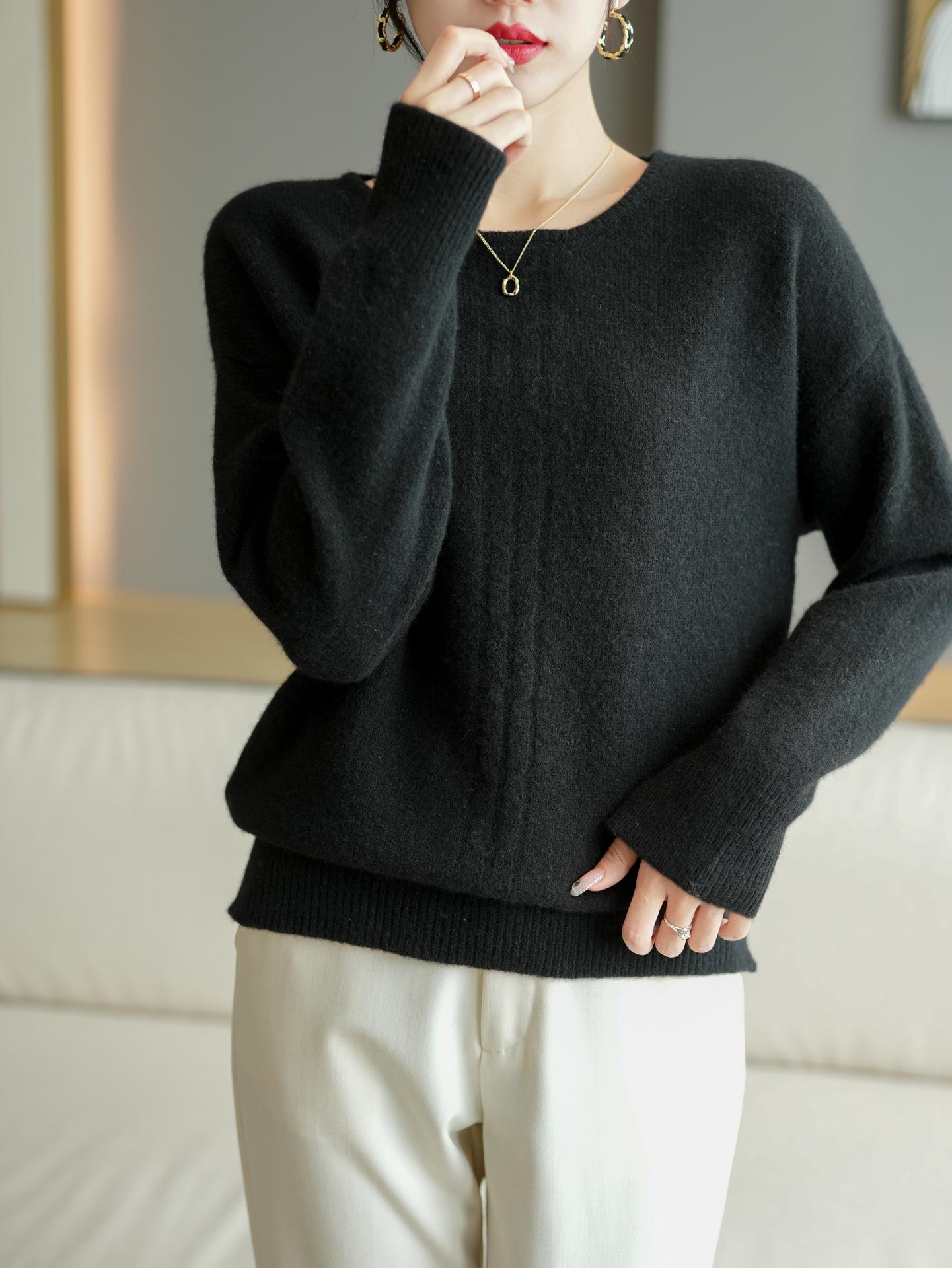 

Свитер из шерсти тонкой вязки с длинным рукавом, облегающий фигуру - Осенне-зимняя шикарная мода, топ с круглым вырезом Small чёрный