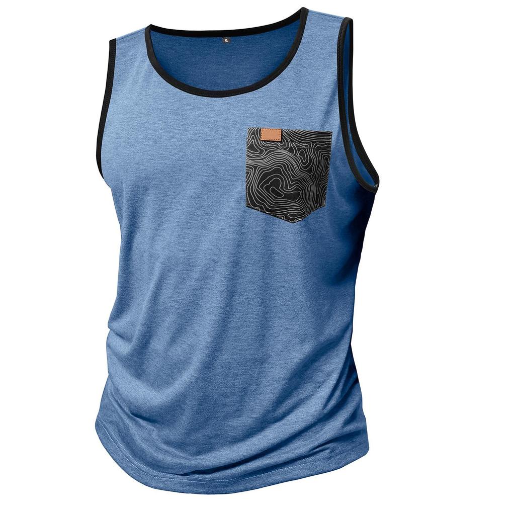 Men’s Vest Sleeveless Tops Printed Chest Pocket Summer Sports Fitness Loose Shirts