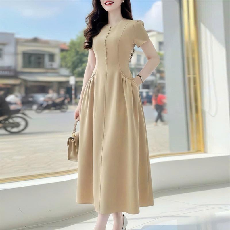 ZANZEA Women Casual Round Neck Solid Color Elegant Short Sleeve Dress S хаки