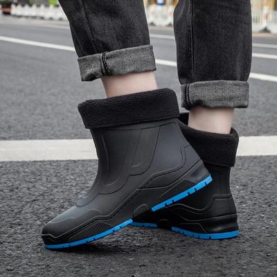 Modische Regenstiefel für Paare, mittelhoch, Samt warm, Kochschuhe, verschleißfest, rutschfest, Wasserschuhe, Arbeitsschuhe, Autowaschschuhe, Regenschuhe für Herren
