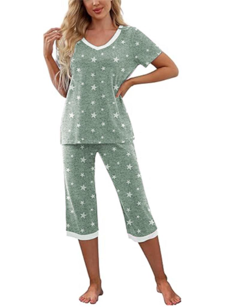 V-neck Star Print Pajama Set for Women - Short Sleeve & Loose Fit Pants