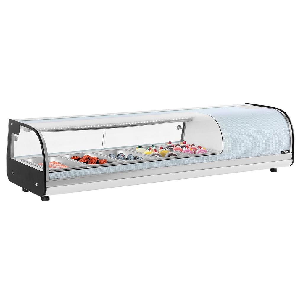 Sushi Display Case Refrigerator, 52L Commercial Sushi Case, 5-Pan Countertop Showcase with Curved Glass, LED Lighting, and Digital Temperature