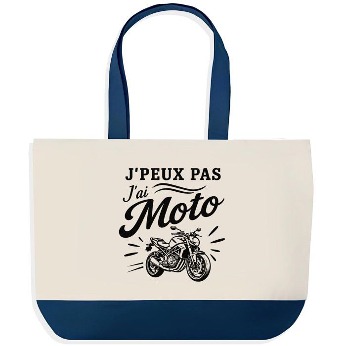 Grand Sac Cabas Fond Bleu J’peux pas j’ai Moto J'peux pas minimaliste | Toile de Coton 170 g/m² 27 L Poche Intérieure Anses 64 cm