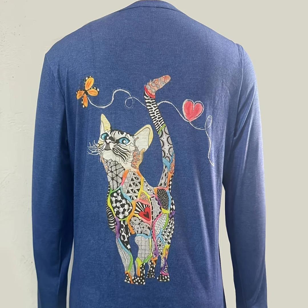 

Футболка с длинными рукавами и круглым вырезом с принтом кота - мягкая, слегка эластичная, пригодна для машинной стирки, повседневная одежда для весны и осени - L