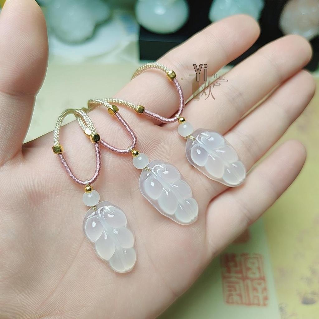 White Chalcedony Agate Pendant Necklace with Golden Branch and Jade Leaf Design