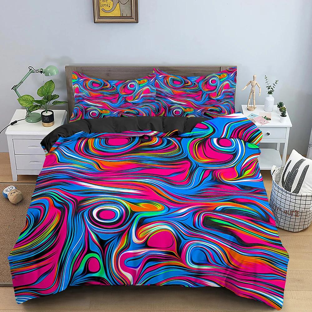 Geometrický 3D tištěný ložní set Měkký 3D abstraktní povlak na přikrývku King Queen Double Psychedelic 2/3ks polyesterové povlaky na přikrývku