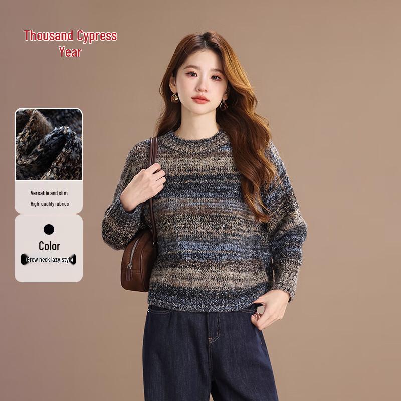 Qianbainian Women s Gradient Round Neck Wool Blend Sweater XL океан синий