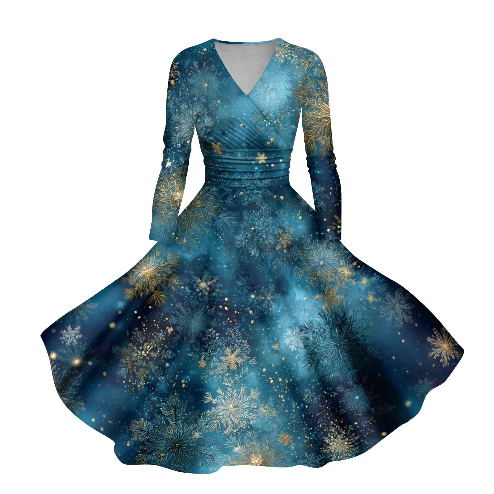 

Женское повседневное и модное платье с принтом рождественской елки, длинным рукавом, V-образным вырезом, сексуальное, с карманом XXXL синий