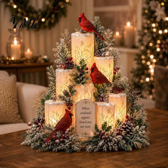 Christmas Cardinals Table Centerpiece Lighted Centerpiece, Memorial Red Bird Figurine, Light Up Tribute for Loss of Friend Ornament Home Mantel,