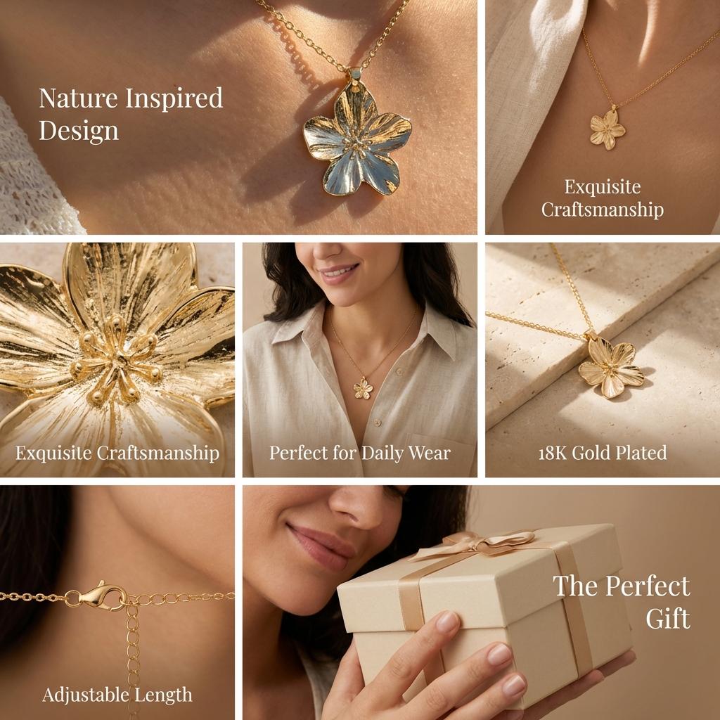 Fashion Romantic 5 Petal Flower Pendant Necklace for Women Delicate Gold Color Floral Chain Perfect Valentine Jewelry Gift