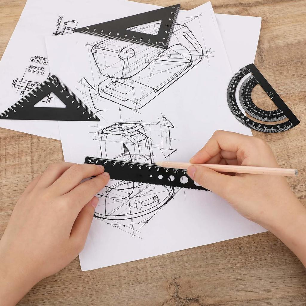 5Pcs Metal Geometry Set, Math Drafting Ruler Kit Aluminum Triangle Rulers Metal Ruler Drafting Tools, Metal Triangular Scale Ruler Set, Protractor,
