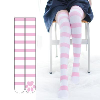 Rosa gestreifte Kawaii-Strümpfe mit Katzenpfotenabdruck, Lolita-Gothic-Samtstrümpfe, Overknee-Socken, Oberschenkelhohe Strümpfe (JK)