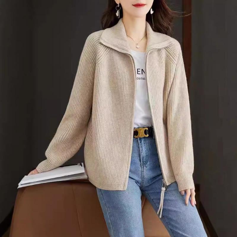 Solid Color Autumn and Winter New Loose Double Zipper Sweater Jacket for Women's Lazy Style Large Size Casual Knitted Cardigan for Women